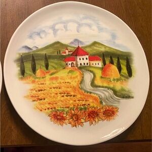 Hand-Painted Scenic Ceramic Dinner Plate in White with Red & Green Accents